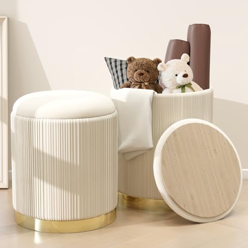 Caroeas 2 Pack Round Ottoman with Storage, Upholstered Velvet Storage Ottoman with Gold Trim, Vanity Stool for Makeup, Foot Rest for Living Room, Bedroom, Beige - color: Beige With Gold Trim