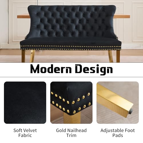 Black Velvet Dining Bench with Back, Tufted Banquette Seating, Gold Legs | Upholstered loveseat bench; tufted back; nailhead trim; 500 lb capacity; foam and spring seat; dining room or entryway - color: Black(gold Stainless Steel Legs)