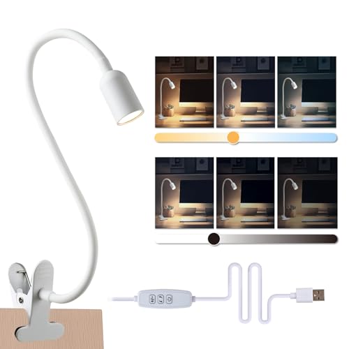 DAMI LED Reading Lights for Bed Headboard, Clip on Spotlight Lamp for Desk, Dorm Bed, Dimmable USB Clamp Book Light with Flexible Gooseneck, Change Color Temperature 3000/4000/6000K - color: White