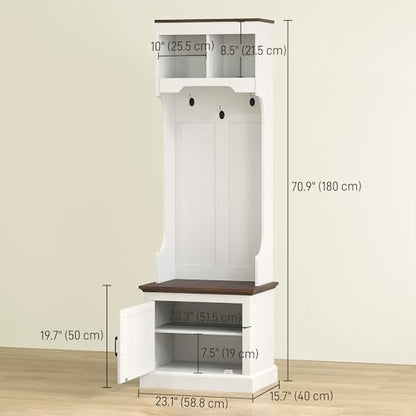HOMCOM 3-in-1 Hall Tree with Shoe Storage, Shoe Bench, White Wood Grain | Standing Coat Rack, Entryway Furniture, Three Hooks - color: White Wood Grain