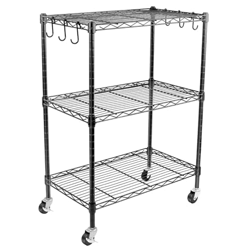3-Tier Storage Shelves, Heavy Duty Metal Shelves Wire Rack Shelving Unit, Adjustable Shelf with Wheels for Home Office Garage Kitchen Bathroom,23.4" Wx13.6 Dx32.5 H - size: 3Tier 23.4"W x 13.6"D x 32.5"H