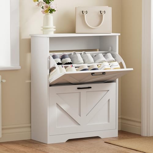 Homleke Farmhouse Shoe Cabinet for Entryway, 2 Barn-Style Flip Drawers | Narrow Shoe Storage Organizer, Top Display Shelf, Adjustable Shelves, Shoe Rack, for Hallway Closet, 24" Wide, White - color: White, size: 2 Drawers