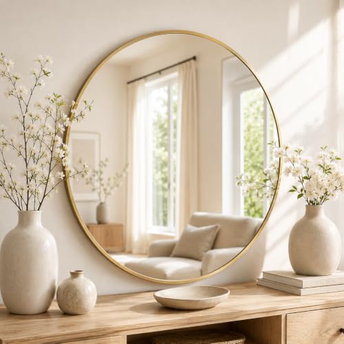 Garvee 32 Inch Round Wall Mirror Gold Metal Frame Crystal Clear Glass Decor - color: Gold, size: 24"L x 24"W