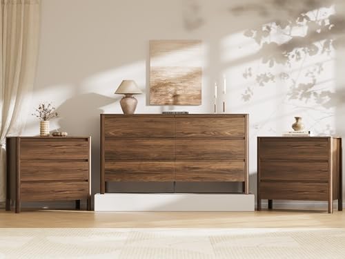 MAISONARIA Walnut 3-Piece Dresser Bedroom Set, 6 Drawers Dresser & 3 Drawer Nightstands with Hidden Handles, Wood Chest of Drawers for Bedroom, Living Room, Entryway - color: Walnut, size: 6+3