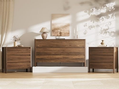 MAISONARIA Walnut 3-Piece Dresser Bedroom Set, 6 Drawers Dresser & 3 Drawer Nightstands with Hidden Handles, Wood Chest of Drawers for Bedroom, Living Room, Entryway - color: Walnut, size: 6+3