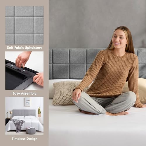 Hearth & Harbor Bed Headboard, Square Tufted Linen Queen Headboard Only, Upholstered, Wall Mounted, Adjustable Height 34'-42', Modern, Silver - color: Silver, size: Queen