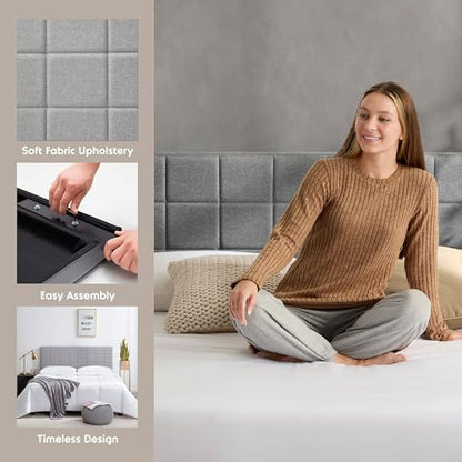 Hearth & Harbor Bed Headboard, Square Tufted Linen Queen Headboard Only, Upholstered, Wall Mounted, Adjustable Height 34'-42', Modern, Silver - color: Silver, size: Queen