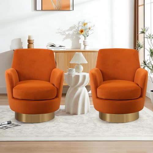 360° Swivel Barrel Chair Set of 2, 28.3" Modern Velvet Round Accent Chair, Comfy Upholstered Small Armchair with Gold Metal Base for Living Room Bedroom Nursery Office Sillas para Sala, Orange - color: Orange, size: 28.3" W