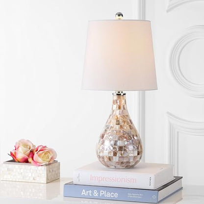 JONATHAN Y Mona Coastal Mini LED Table Lamp 20.5" Bedside, Seashell | White Linen Drum Shade, Mother Of Pearl Resin Body, On-Off Rotary Switch, LED Bulb Included - color: Seashell