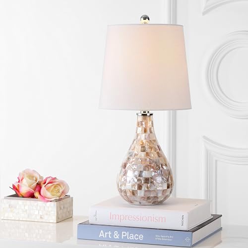 JONATHAN Y Mona Coastal Mini LED Table Lamp 20.5" Bedside, Seashell | White Linen Drum Shade, Mother Of Pearl Resin Body, On-Off Rotary Switch, LED Bulb Included - color: Seashell