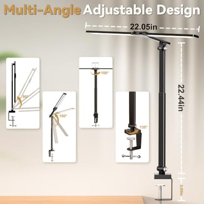 LED Desk Lamp for Office Home, Architect Desk Light with Clamp, Black | Height Adjustable Eye Caring Stepless Dimming Desk Lamp for Reading, Study, Workbench, 50 Lighting Models