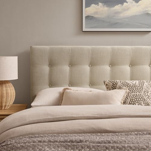Modway Emily Full Size Performance Fabric Headboard in Ecru - Linen-Like Upholstery with Button Tufting and 7 Adjustable Height Positions - color: Ecru, size: Full
