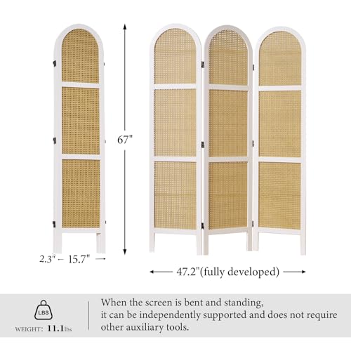 Svimi Room Dividers and Folding Privacy Screens, Pine Wood 5.6 Ft Double Hinged Rattan Partition Freestanding Wall Room Divider for Home - 3 Panels (White) - color: White
