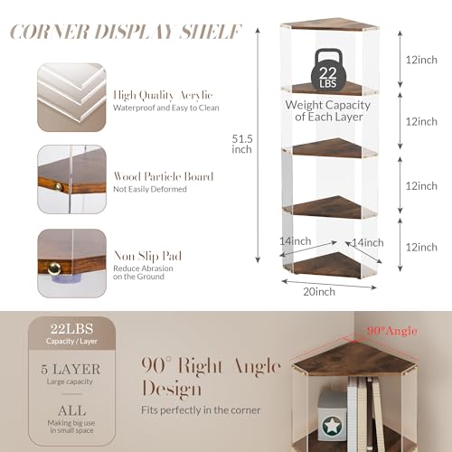 Acrylic Corner Shelf,5 Tier Freestanding Corner Bookshelf with Wood Shelves | 90°right angle triangular shelves with clear acrylic panels, storage rack for plants, books, collectibles and home decor. - size: 5-Tier Corner Shelf