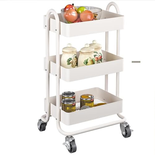 Metal Rolling Cart,3-Tier Metal Rolling Cart with Wheels,3 Tier Utility Cart with Wheels for Office,Home,Kitchen,Garden（13.4"x18.1"x31"） White - color: White, size: 31"H