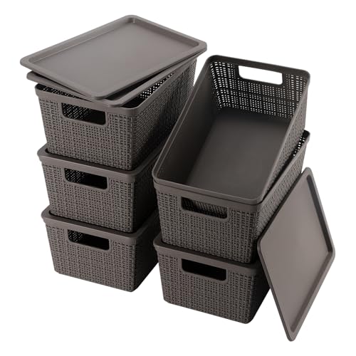 6 Pack Plastic Storage Baskets With Lids,Grey Breathable Stackable Storage Bins,Small Storage Containers,for Organizing Storage Baskets on Desktops,Closets,Playrooms,Classrooms,Offices - color: Grey