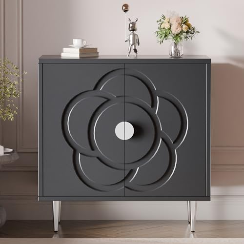 Storage Cabinet, Modern Cabinet with Decorative Flower Pattern Doors, Accent Sideboard Buffet Cabinet for Hallway, Living Room, Kitchen (1, Grey) - color: Grey