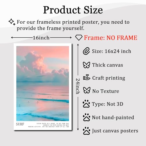 Pink and Blue Coastal Wall Art Cute Preppy Summer Pictures Aesthetic Summer Posters Trendy Beach Pictures Blue Ocean Painting Coastal Cowgirl Artwork Beach Wave Picture for Home Room 16x24in Frameless - color: C1Unframed