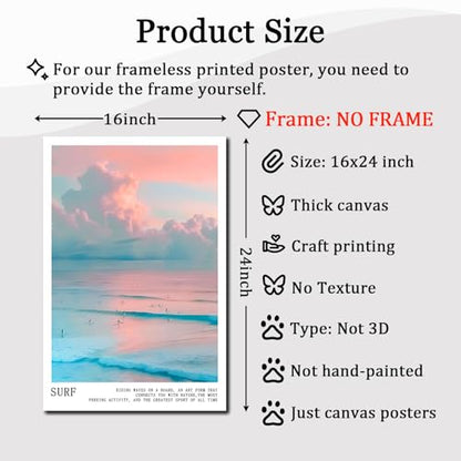 Pink and Blue Coastal Wall Art Cute Preppy Summer Pictures Aesthetic Summer Posters Trendy Beach Pictures Blue Ocean Painting Coastal Cowgirl Artwork Beach Wave Picture for Home Room 16x24in Frameless - color: C1Unframed