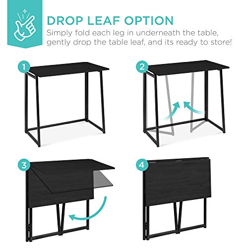 Best Choice Products 31.5in Folding Drop Leaf Desk Table, Computer Workstation for Home Office w/Wood Table Top, Back Shelf, Portable, Space Saving - Black/Black