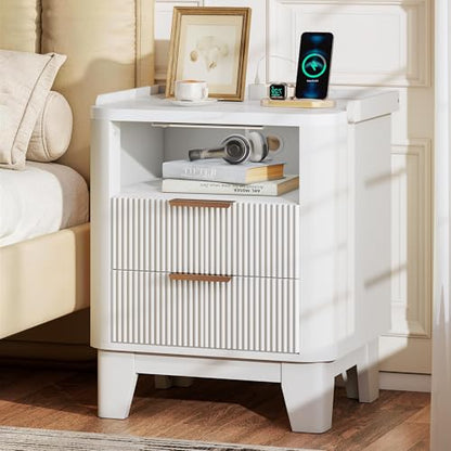 Baoz White Fluted Nightstand with Charging Station & 2 Drawers for Bedroom | 20" Wide Mid Century Modern Bedside Table Wood Faux Marble Top Curved Profile Design 27in Tall LED Night Stand - color: White, size: 2 Drawers