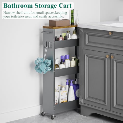 XYZLVSI Slim Storage Cart, Narrow Kitchen Rolling Cart for Small Spaces | 5.9" W skinny storage cart, 12.4" bottom metal utility cart with 360° swivel wheels for bathroom/laundry, slim shelf, Gray - size: 5.9IN-Gray