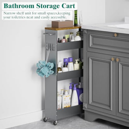 XYZLVSI Slim Storage Cart, Narrow Kitchen Rolling Cart for Small Spaces | 5.9" W skinny storage cart, 12.4" bottom metal utility cart with 360° swivel wheels for bathroom/laundry, slim shelf, Gray - size: 5.9IN-Gray