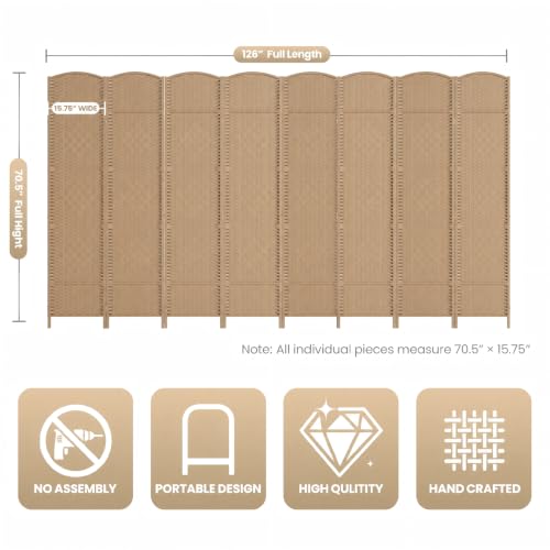 8 Panel Folding Room Divider,Woven Privacy Screen,Light Beige | Solid wood frame, handcrafted diamond pattern, 6FT tall, extends to 126 inches wide, no assembly required - color: Light Beige, size: 8-Panel