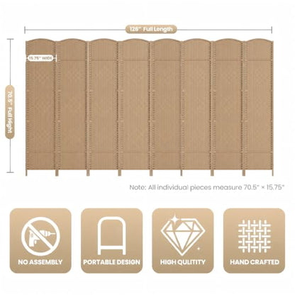 8 Panel Folding Room Divider,Woven Privacy Screen,Light Beige | Solid wood frame, handcrafted diamond pattern, 6FT tall, extends to 126 inches wide, no assembly required - color: Light Beige, size: 8-Panel