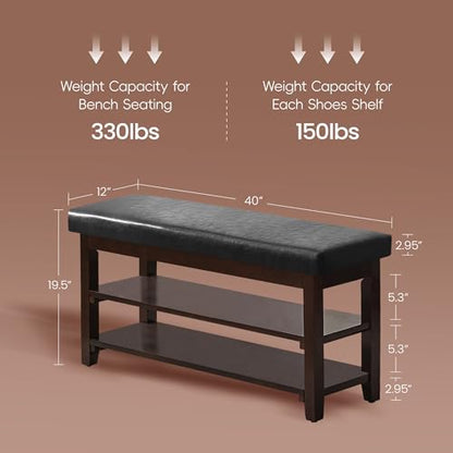 40" Entryway Bench, Shoe Storage Bench, Black | Leather Cushion, Shoe Rack, End of Bed Bench for Front Door Entrance, Mudroom - color: Black