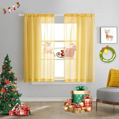 Christmas Yellow Semi Sheer Curtains 63 inch Length in Curtains Faux Linen Bright Yellow Sheers Curtain for Bedroom Living Room Girls Kids Room 2 Panels 52x63 Inches Long - color: Butter Yellow, size: 52"W x 63"L (Pack of 2)