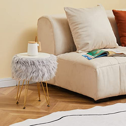 Faux Fur Storage Ottoman Round Furry Vanity Stool Marble Grain Tray Coffee Table Compact Footrest Stool with 4 Metal Legs Soft Makeup Seat Foot Stools for Living Room Bedroom Entryway Grey - color: Grey