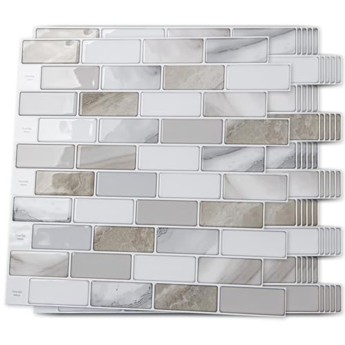 Art3d 10-Pack Marble Peel and Stick Backsplash, 12 x 12 in, Beige & White | Strong Adhesion, Lightweight, Cuttable, Waterproof, Fadeless, Crack Resistant, for Kitchen, Bedroom, Ideal for Recently Moved - color: Beige & White