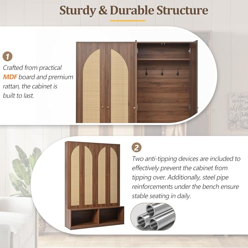 JIVOIT Bohemian Farmhouse Widen Hall Tree with 4 Rattan Doors, Versatile 4-In-1 Hall Tree, Mid-Century Entryway Shoe Cabinet with Adjustable Shelf and 6 Hooks, Seating Bench for Living Room - color: Walnut//53