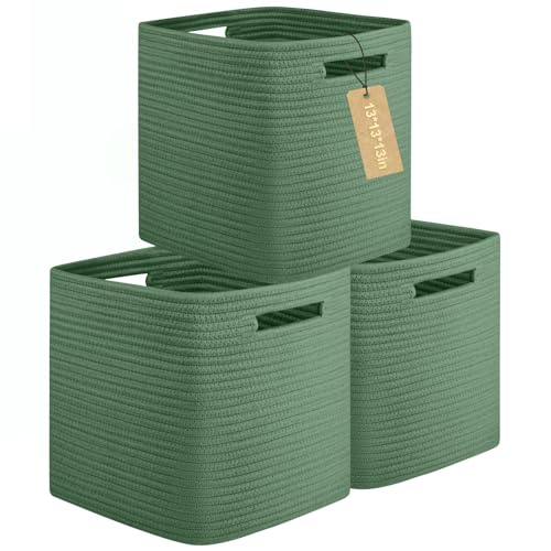 OIAHOMY 3 PACK Cube Storage Bin 13 Inch Collapsible Storage Cube Green | Cube Storage Organizer Storage Bins for Shelves Baskets for Organizing Woven Rope Storage Baskets - color: Green, size: 3Pcs-13*13*13inch
