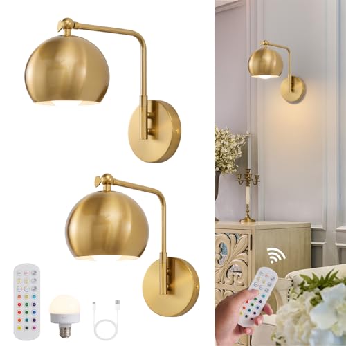 Powfloven Gold Battery Operated Wall Sconces Set of 2, Rechargeable Cordless Wall Light Fixture with Remote, Dimmable Wireless Battery Powered Wall Decor Lighting Lamp for Bedroom Living Room