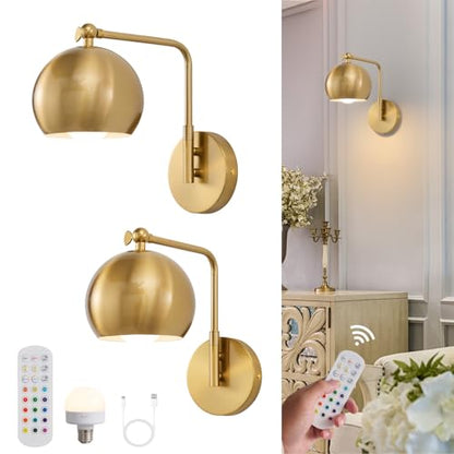 Powfloven Gold Battery Operated Wall Sconces Set of 2, Rechargeable Cordless Wall Light Fixture with Remote, Dimmable Wireless Battery Powered Wall Decor Lighting Lamp for Bedroom Living Room