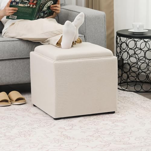 Storage Square Ottoman with Tray, Small Linen Foot Rest Stool Cube, Coffee Table for Dorm Living Room Bedroom, Beige - color: Beige