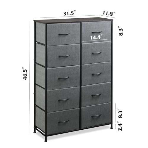 WLIVE Tall Dresser for Bedroom with 10 Fabric Drawers, Dark Grey | 10 Drawers, Fabric Dresser for Closet, Storage Tower with Cabinet, Metal Frame - color: Dark Grey