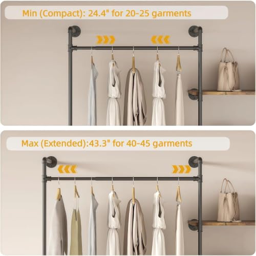 Expandable Industrial Pipe Clothing Rack with LED & Shelves | Heavy Duty Garment Rack with 4 Shelves & 4 Rods, Wall Mounted Closet Organizer for Bedroom, Laundry Room, Fits 72.8"- 110.6"