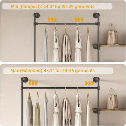 Expandable Industrial Pipe Clothing Rack with LED & Shelves | Heavy Duty Garment Rack with 4 Shelves & 4 Rods, Wall Mounted Closet Organizer for Bedroom, Laundry Room, Fits 72.8"- 110.6"