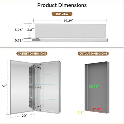 20" x 36" Bathroom Medicine Cabinet with Mirror, Recessed or Wall Mount | Medicine Cabinets with Adjustable Glass Shelves, Soft-Closed Hinge, Chrome Aluminum Frame, Reverse Installation - size: 20" x 36"