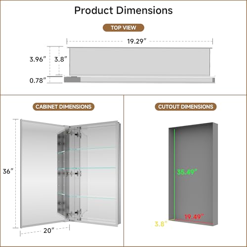 20" x 36" Bathroom Medicine Cabinet with Mirror, Recessed or Wall Mount | Medicine Cabinets with Adjustable Glass Shelves, Soft-Closed Hinge, Chrome Aluminum Frame, Reverse Installation - size: 20" x 36"