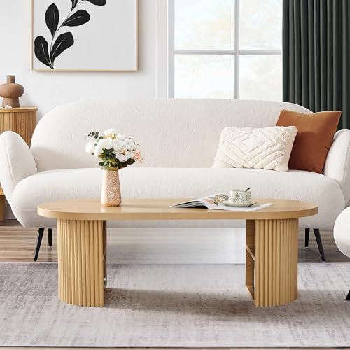 Oval Fluted Coffee Table, 47" Farmhouse Wood Coffee Table Mid Century Modern Center Table Boho Living Room Tables for Living Room Office,Natural - color: Natural, size: 19.69"D x47.2"W x 15.74"H