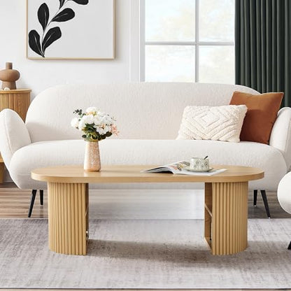 Oval Fluted Coffee Table, 47" Farmhouse Wood Coffee Table Mid Century Modern Center Table Boho Living Room Tables for Living Room Office,Natural - color: Natural, size: 19.69"D x47.2"W x 15.74"H