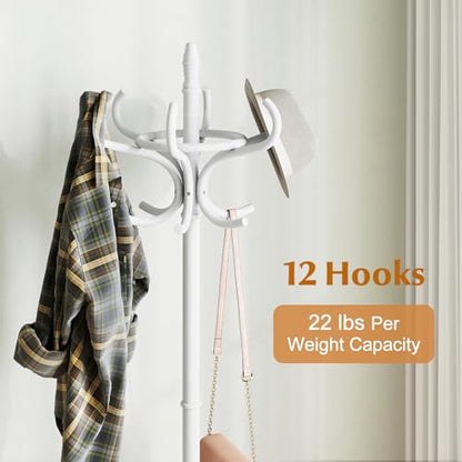 Giantex Solid Wood Coat Rack, Freestanding Hall Tree w/12 Hooks, Umbrella Holder, Entryway Hanger Stand for Coat, Hats, Scarves, Bags, Wooden Garment Rack for Bedroom, Hallway (White) - color: White