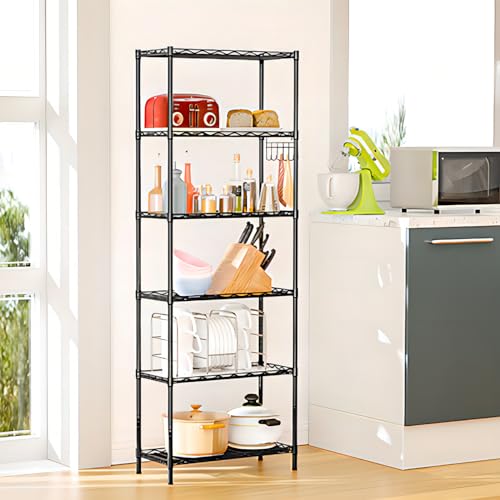 Homdox 6-Tier Storage Shelf Wire Shelving Unit Free Standing Rack Organization Adjustable Leveling Feet, Stainless Side Hooks, Black - color: Black, size: 21.26*11.42*62.99 inch