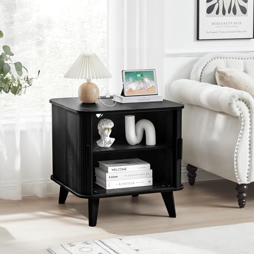 24" Large Square End Table with Charging Station, Farmhouse Fluted Sofa Side Table with Sliding Tambour Door & Storage, Curved Rustic Wood Nightstand for Living Room, Bedroom, Black - color: Black