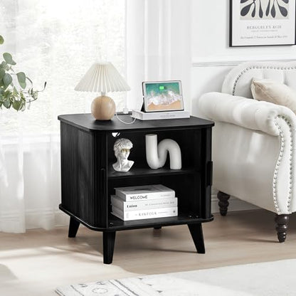 24" Large Square End Table with Charging Station, Farmhouse Fluted Sofa Side Table with Sliding Tambour Door & Storage, Curved Rustic Wood Nightstand for Living Room, Bedroom, Black - color: Black