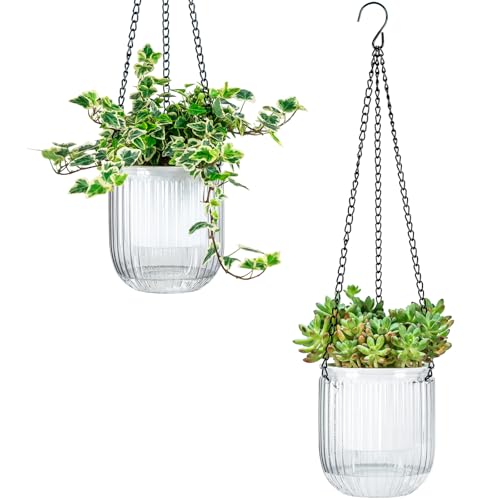 Josteve 4.5 Inch 2 Pcs Self Watering Hanging Planter Indoor Plant Pots Drainage Holes, Outdoor Small Hanging Planters Flower Pot Basket, Visible Water Level, Plant Hanger Home Decor, Gardening - color: White, size: 2*4.5 inch